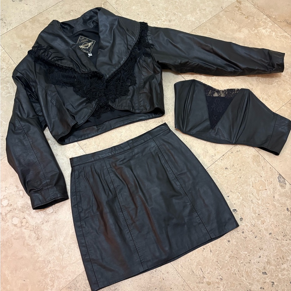 Vintage Black Leather Boleto Jacket, Bustier and Mini Skirt Set